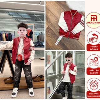 Áo khoác bomber bé trai da 2 lớp cao cấp đỏ trắng mix kẻ sọc tay áo basic phong cách boy phố