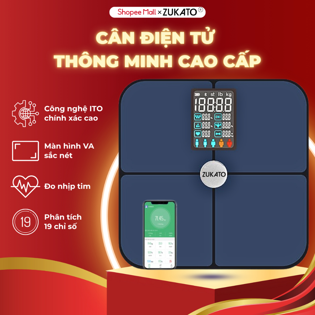 Cân điện tử thông minh cao cấp Zukato đo nhịp tim và 19 chỉ số cơ thể chính xác màn hình VA sắc nét