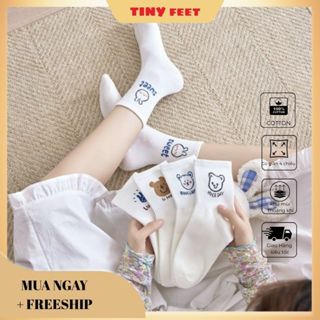 Set 5 Đôi Tất Gấu Trắng Cổ Cao,Vớ Nữ Họa Tiết Gấu Màu Trắng Phong Cách Hàn Siêu Cute tt6