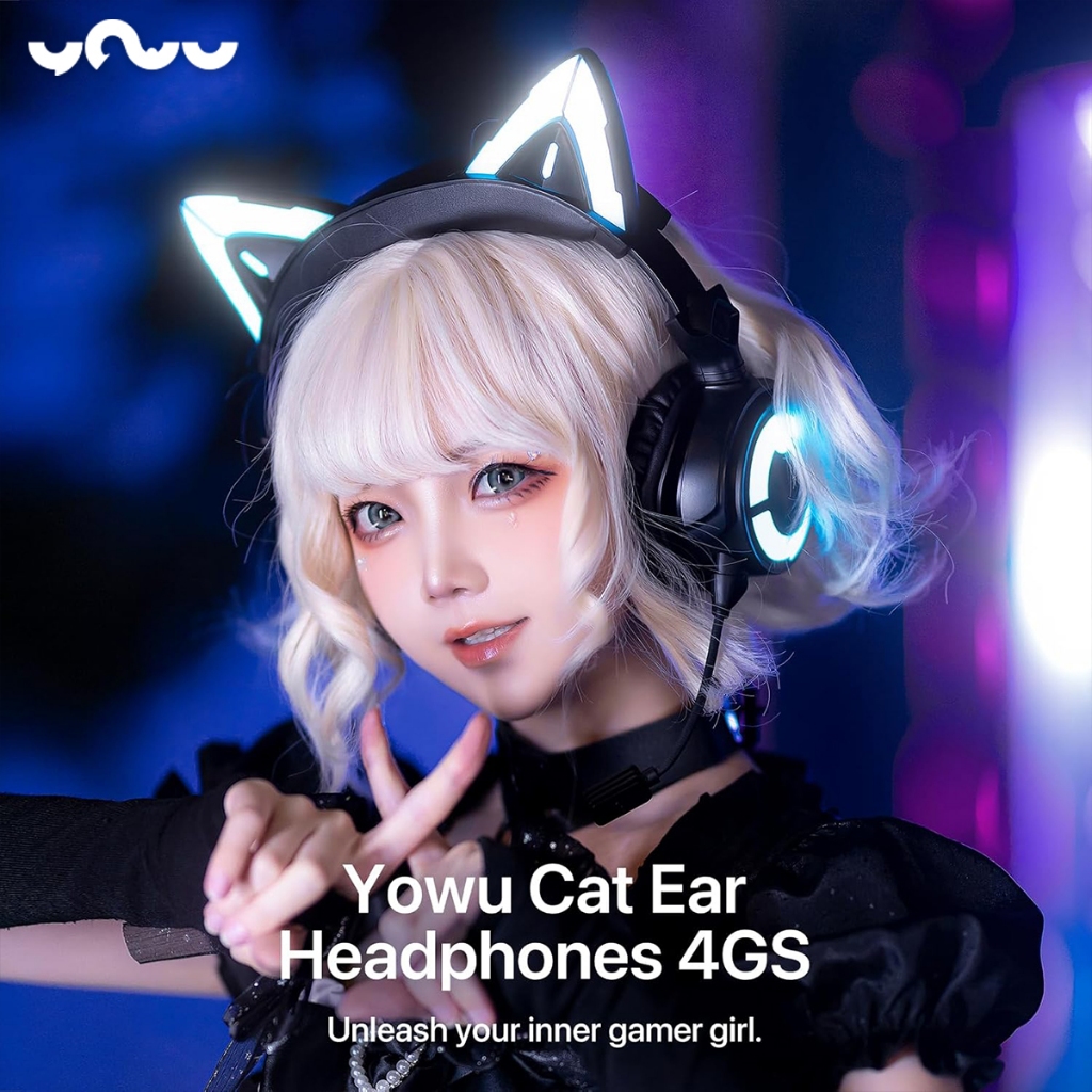 YOWU Cat Ear Headphones 4GS, Wireless Bluetooth Noise Cancelling Headphones, RGB Gaming Headset with