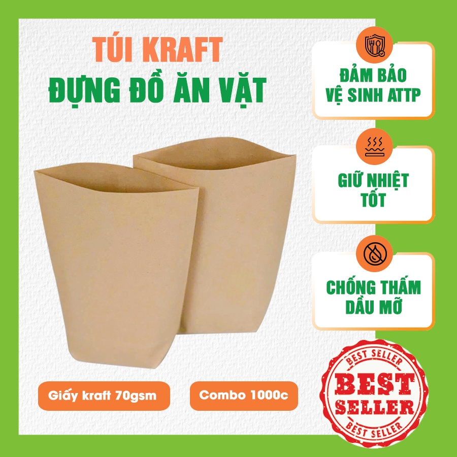 1000c Túi kraft đựng gà rán, khoai tây chiên, đồ ăn vặt - Giấy chống thấm dầu mỡ