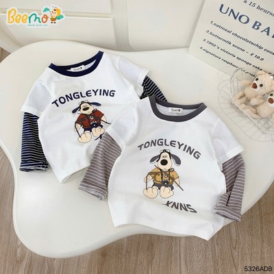 Áo thun dài tay Beemo phối tay kẻ in hình chú chó vải thun co giãn cho bé trai từ 9-24kg 5326ADB