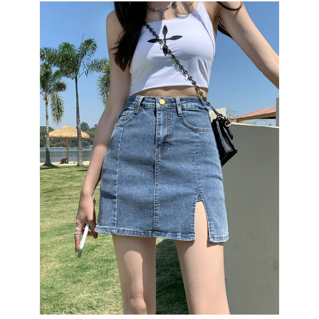 Chân váy jean,chân váy bò chữ A dáng ngắn xẻ tà có quần bảo hộ bên trong siêu hack dáng TT06