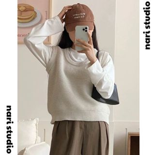 Áo gile len Ulzzang basic, Áo len nữ kiểu hàn form rộng phối màu kẻ ngang nâu, be pastel Gl29