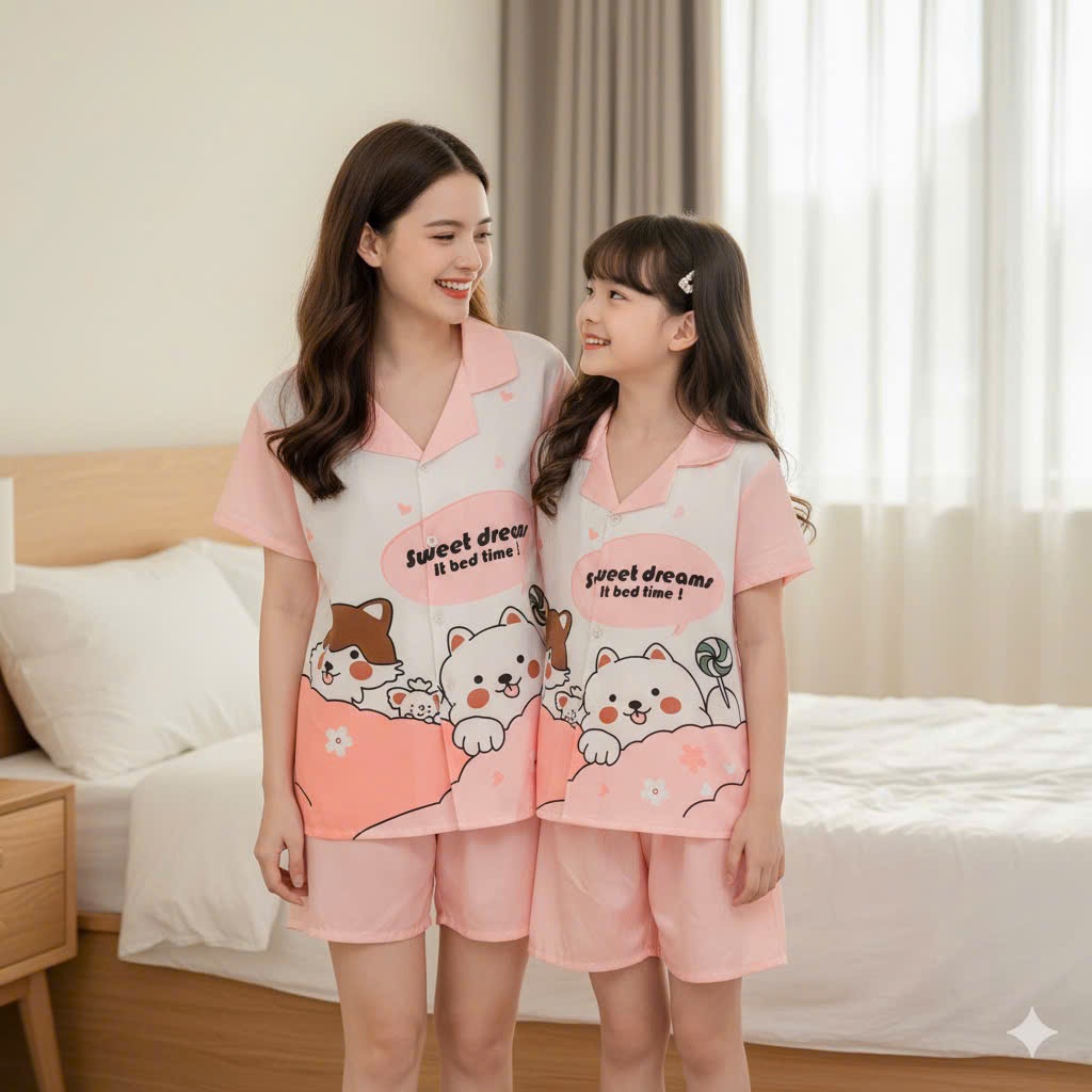 Set bộ pijama mẹ và bé gái mặc đôi chất lụa xước mềm mát