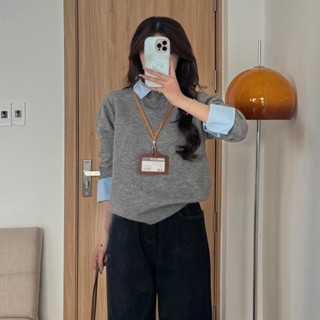 (HÀNG QC) Áo len kiểu nữ dệt kim phối cổ sơ mi xanh basic LEN251