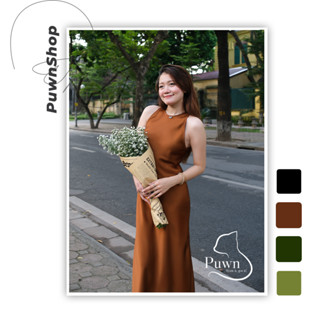  Váy lụa ba lỗ cổ yếm viền dáng dài lụa hàn châu thanh lịch nhẹ nhàng Lathus Dress - Puwn Shop 