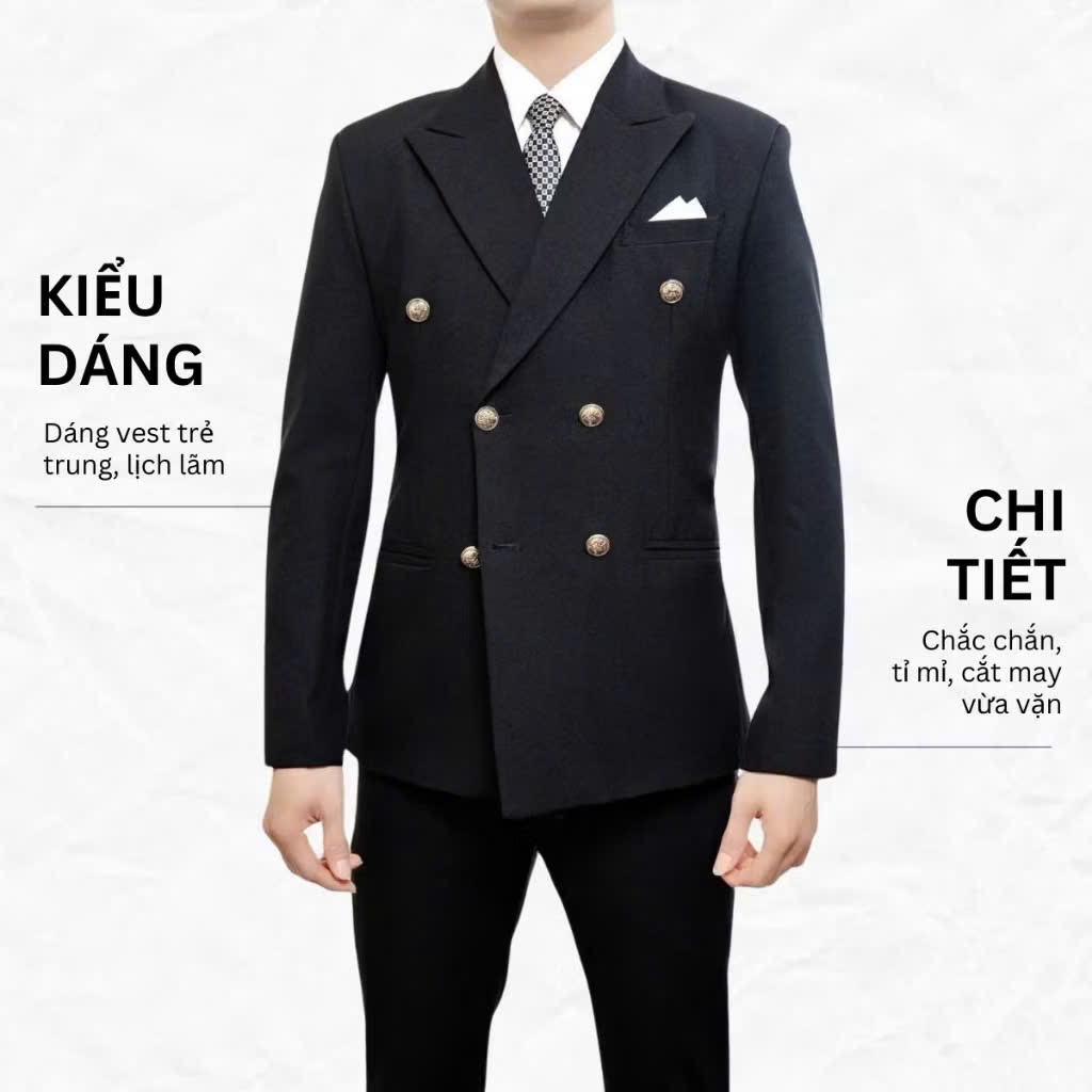 VEST Nam 6 Cúc, Bộ SUIT BLAYZER  kiểu dáng Ý lịch sự, sang trọng, Chất vải chéo 79 cao cấp. Tặng kèm Cavat + Ghim cài
