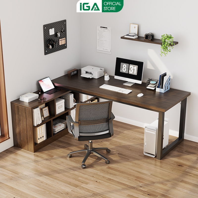 Bàn làm việc góc chữ L kết hợp tủ sách thông minh, tiết kiệm diện tích thương hiệu IGA - GM131