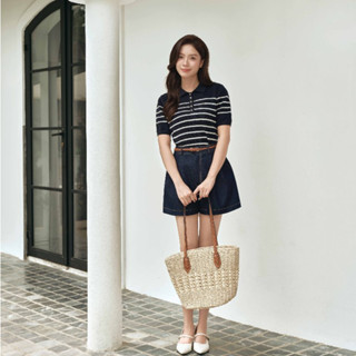 BEAUTEBYV - Áo len nữ mùa hè kẻ ngang Ami màu xanh than kẻ sọc kem