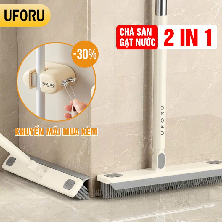Cây chà sàn nhà tắm kết hợp cây gạt nước 2 trong 1 UFORU đầu lông chổi chữ V gập 180 độ cọ góc kẽ tường tiện lợi - UF779