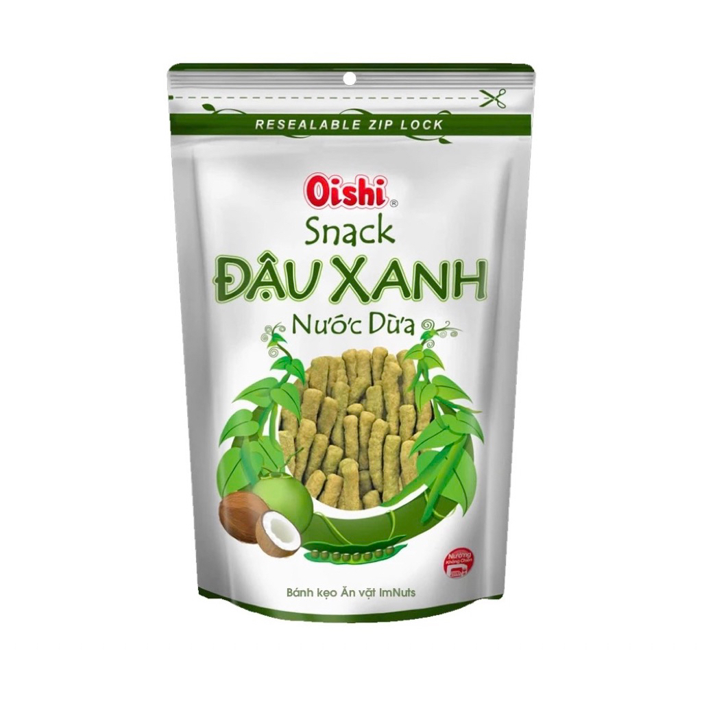 Snack Oishi 5 gói bim bim Đậu Xanh Nước Cốt Dừa 70gr - Phiên Bản Túi Zip Mới nhất của Nhà Oshi