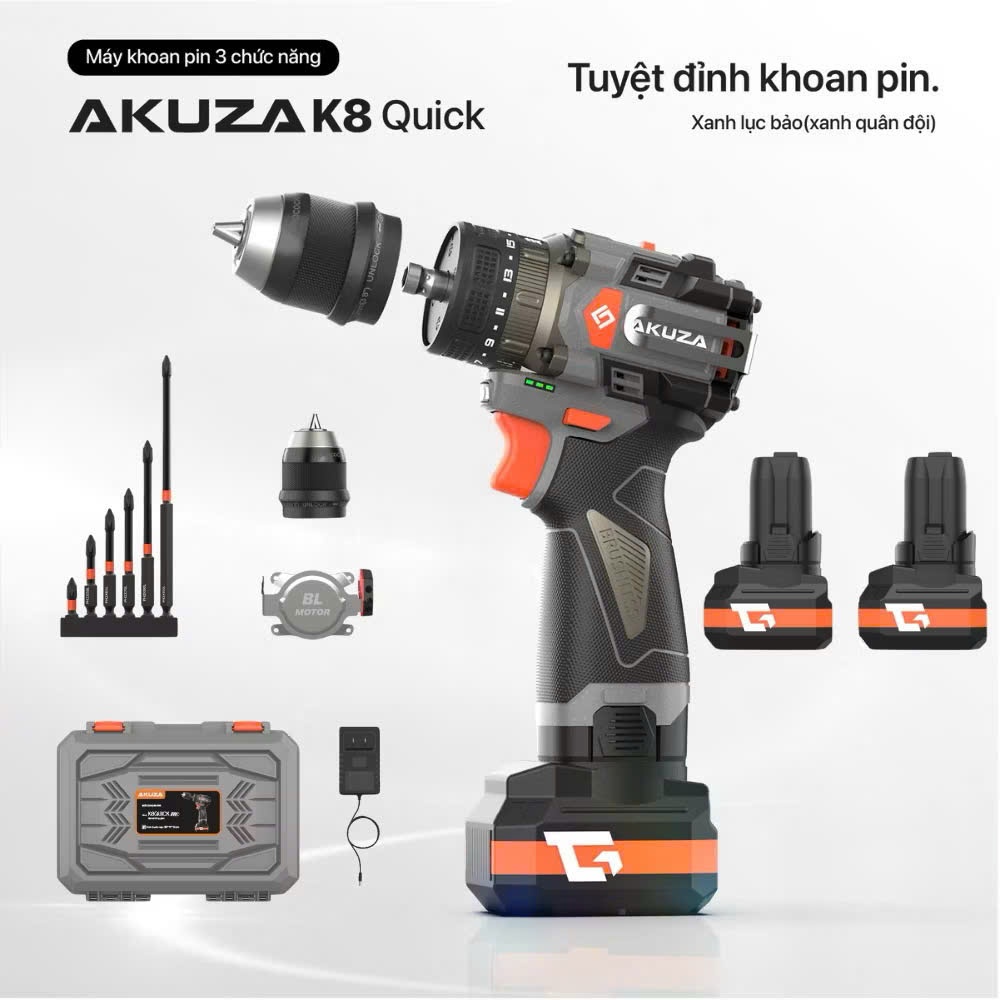 Khoan Pin AKUZA K8 QUICK Có Búa- Khoan pin 16,8V Không Chổi Than Đầu Kẹp 10mm,Tặng bộ mũi vít