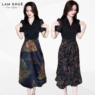 Đầm Trung Niên Tặng Mẹ Dự Tiệc Cổ Sơ Mi Phối Tùng Dài Họa Tiết Sang Trọng  - MS1975