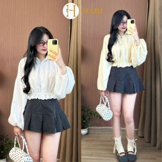 Áo sơ mi nữ tay dài Hari dáng croptop bèo vạt phong cách tiểu thư Hàn Quốc form rộng xinh xắn 9582 P13K21