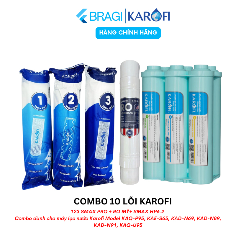 Combo 10 lõi lọc nước karofi (123 Smax Pro, RO 100GPD Mỹ, cụm HP 6.2) dùng cho máy KAQ-U05, KAQ-U95,