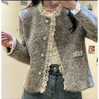   SẴN  Áo khoác len lông thỏ cardigan nữ phối ren màu xám tiêu dáng lửng phong cách sang trọng 