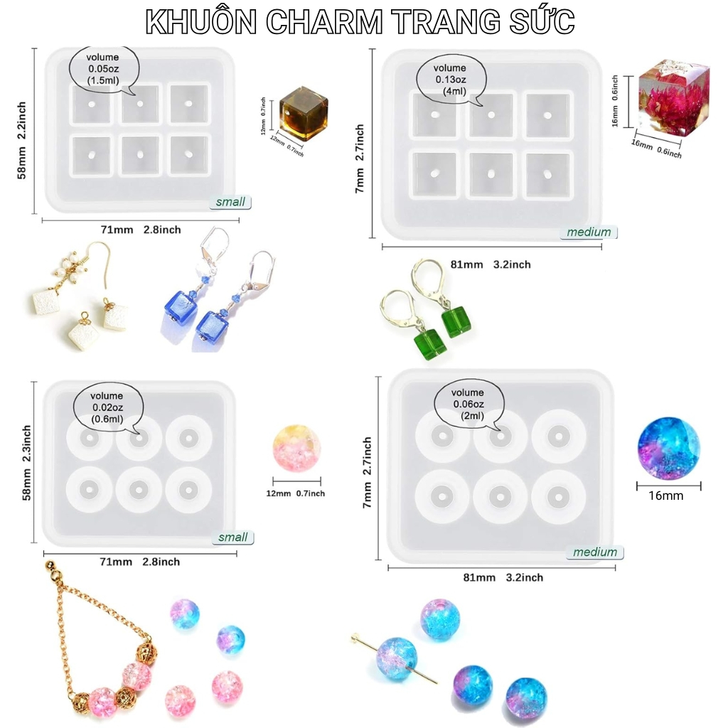 Khuôn Silicone Làm Charm Trang Sức – Đổ Resin, UV Resin, Thủ Công Handmade