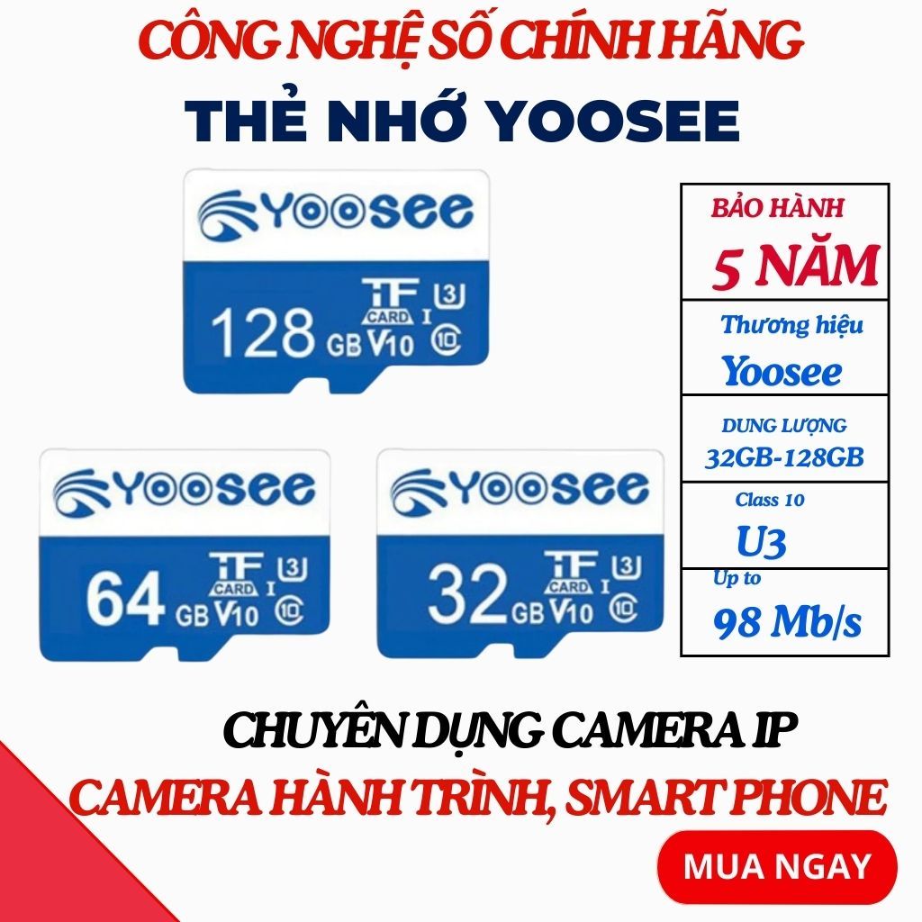 Thẻ Nhớ Yoosee 128GB 64GB 32GB Tốc Độ 100Mb/s, Chuyên Camera, Loa Đài, Điện Thoại, Class 10 - Thẻ Nhớ Camera, BH 5 năm