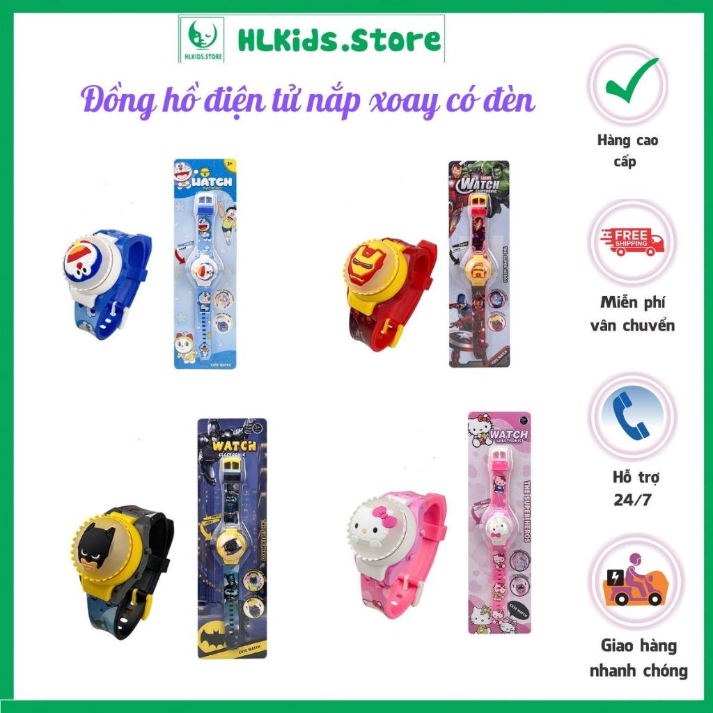 Đồng hồ đeo tay có đèn led, mặt đồng hồ xoay hình siêu nhân, doremon, công chúa tuyết cho bé
