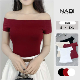 Áo Thun Cotton Trễ Vai Tay Ngắn Dáng Ôm Basic BigSize, Áo Trễ Vai Họa Tiết Trơn Nabi 394