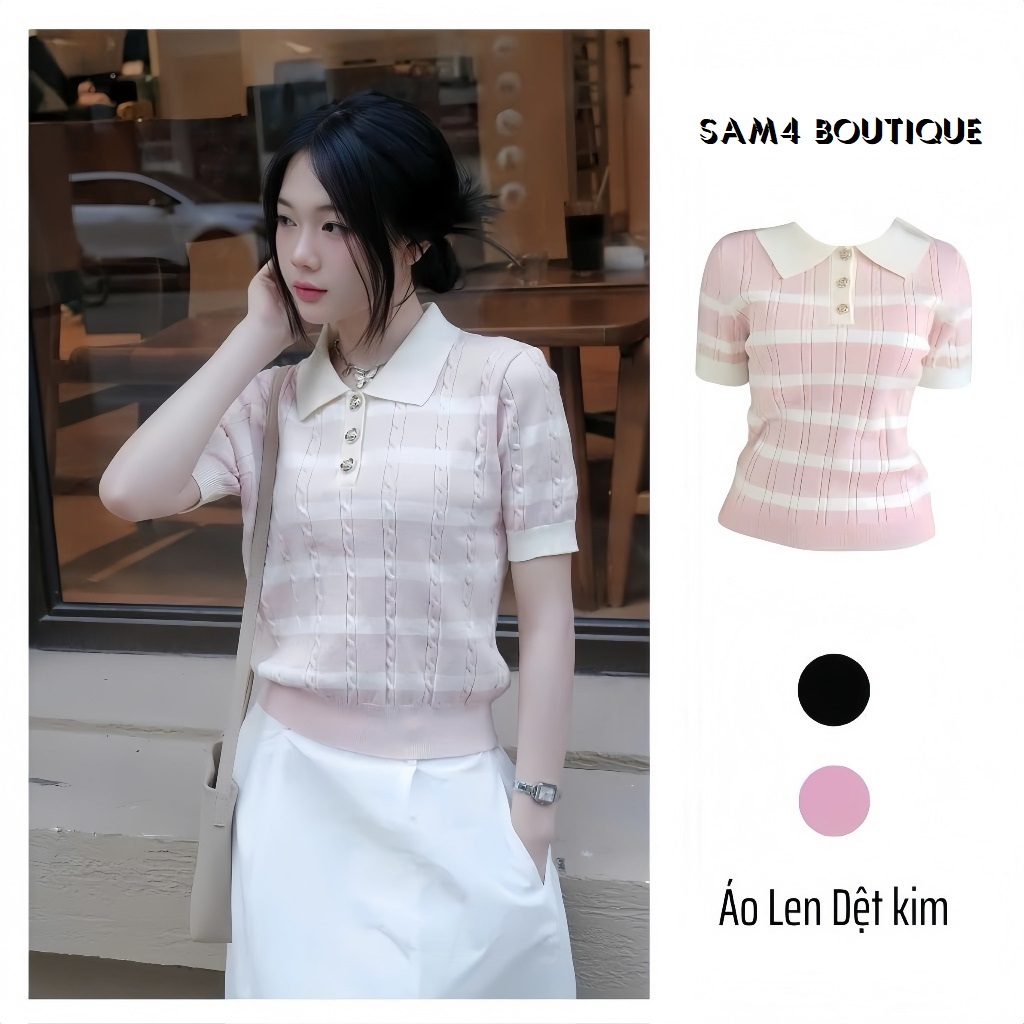Áo Len Nữ Tay Ngắn Phối Cổ Polo, Kẻ Sọc Ngang Trẻ Trung, 3 Cúc Vàng Hoa Sen Chất Dày
