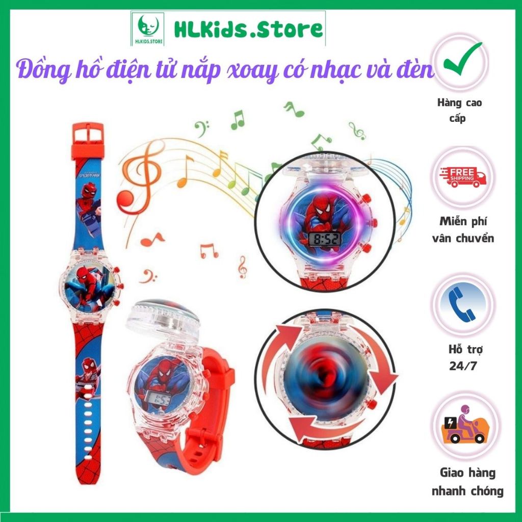[Nắp Xoay+ Nhạc]Đồng hồ siêu nhân người nhện, người sắt, batman, Hulk, đội trưởng mỹ có nhạc và nắp Xoay