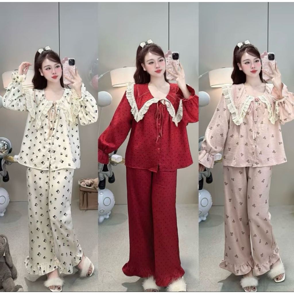 Set Bộ Ngủ Pijama Nữ Vải Đũi Mềm Cổ Ren Vạt Hoạ Tiết Xinh Xắn