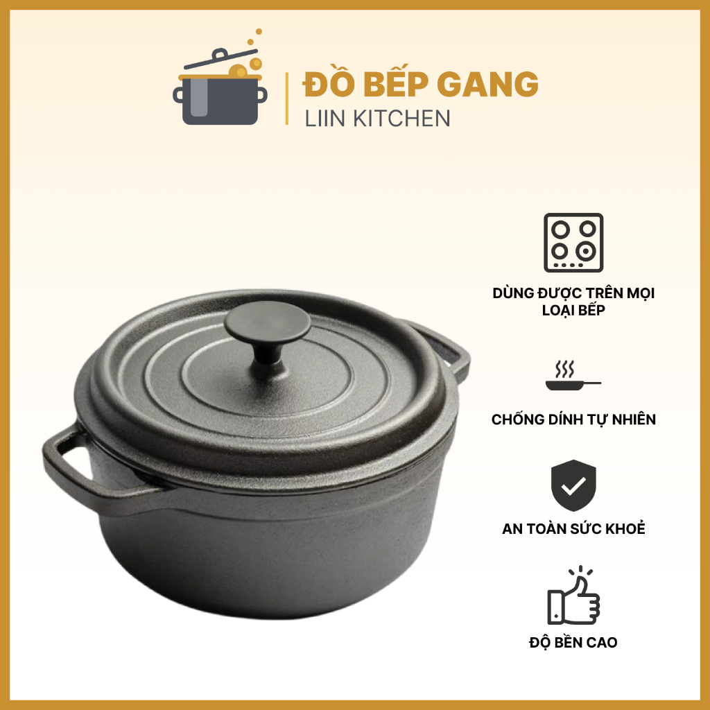 T01_ Nồi gang đúc nguyên khối, gang thô đúc thủ công dùng được trên bếp từ LIINKITCHEN