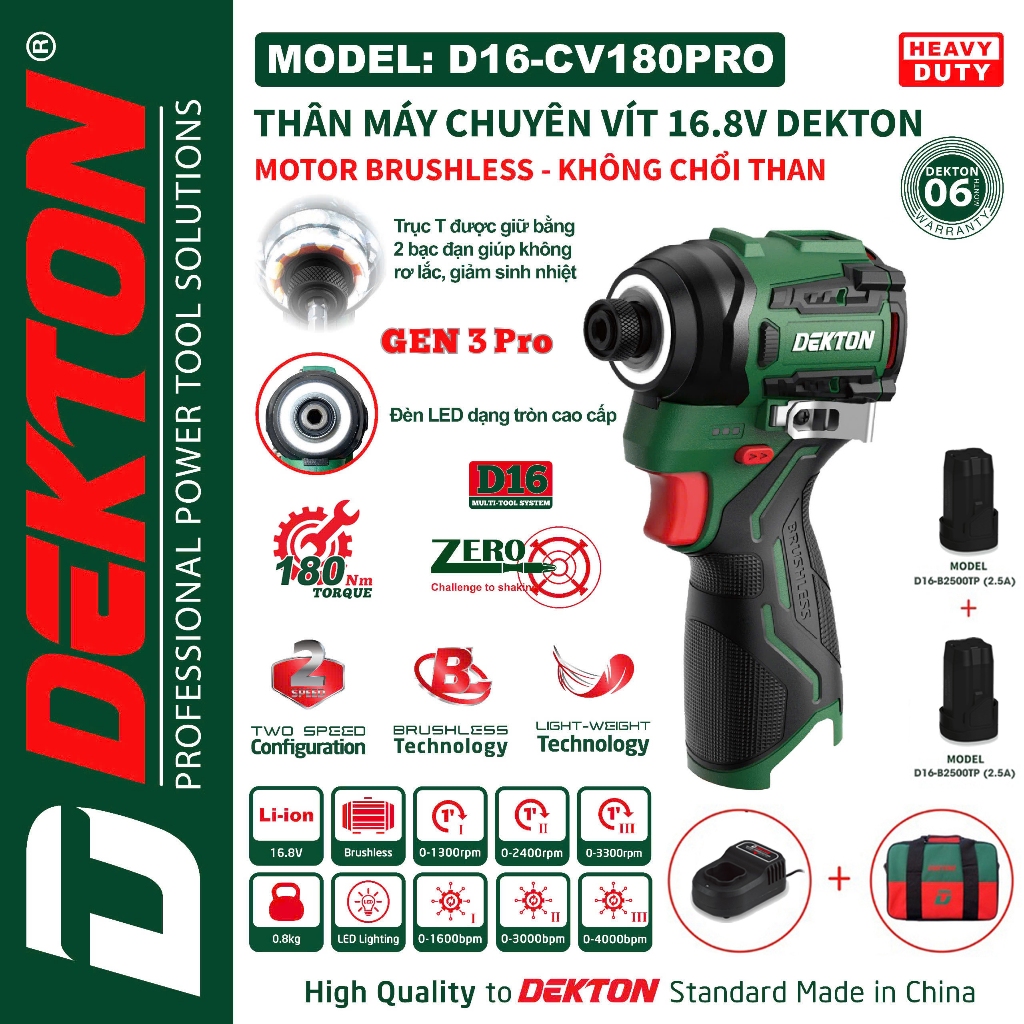 Máy chuyên vít pin DEKTON D16-CV180PRO Và D16-CV180XPRO, Không chổi than 180Nm 3 tốc độ