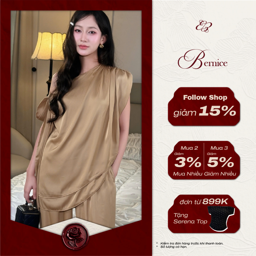  Set đồ nữ sang chảnh Bernice tiểu thư dạo phố áo lệch vai kiểu nữ form rộng cách điệu nơ quần suông có túi mặc mùa thu 