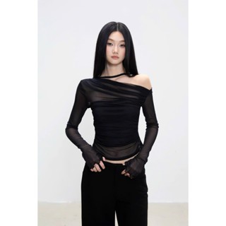 Áo lệch vai lưới tay dài đen/nâu K10 - Orimi