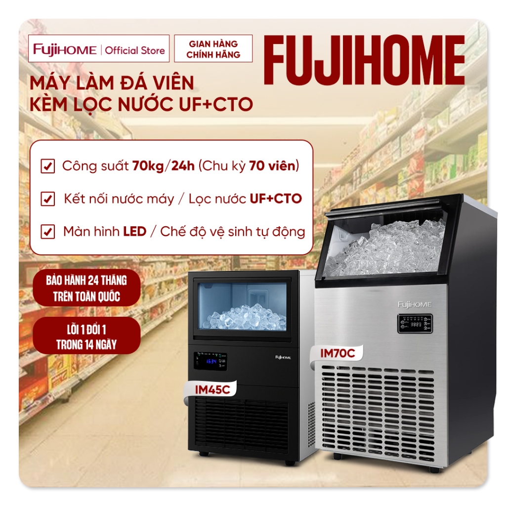 Máy làm đá viên 70kg/ngày Fujihome, máy làm đá công nghiệp công suất 78 viên kèm lọc nước UF, 2 nguồn cấp nước đa năng