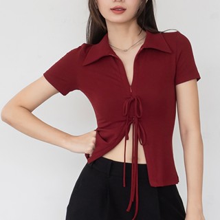 ZIP-UP TOP – Confi | Áo thun cotton nữ, cổ sơ mi phối dây kéo 2 chiều dây nơ phá cách