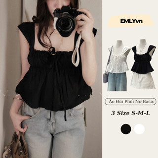 EMLYvn - Áo Thô Babydoll Nữ Cute Phối Dây Rút Thắt Nơ Mặc Hè Cực Mát, Áo 2 Dây Kiểu Nữ Hot Hè 2025