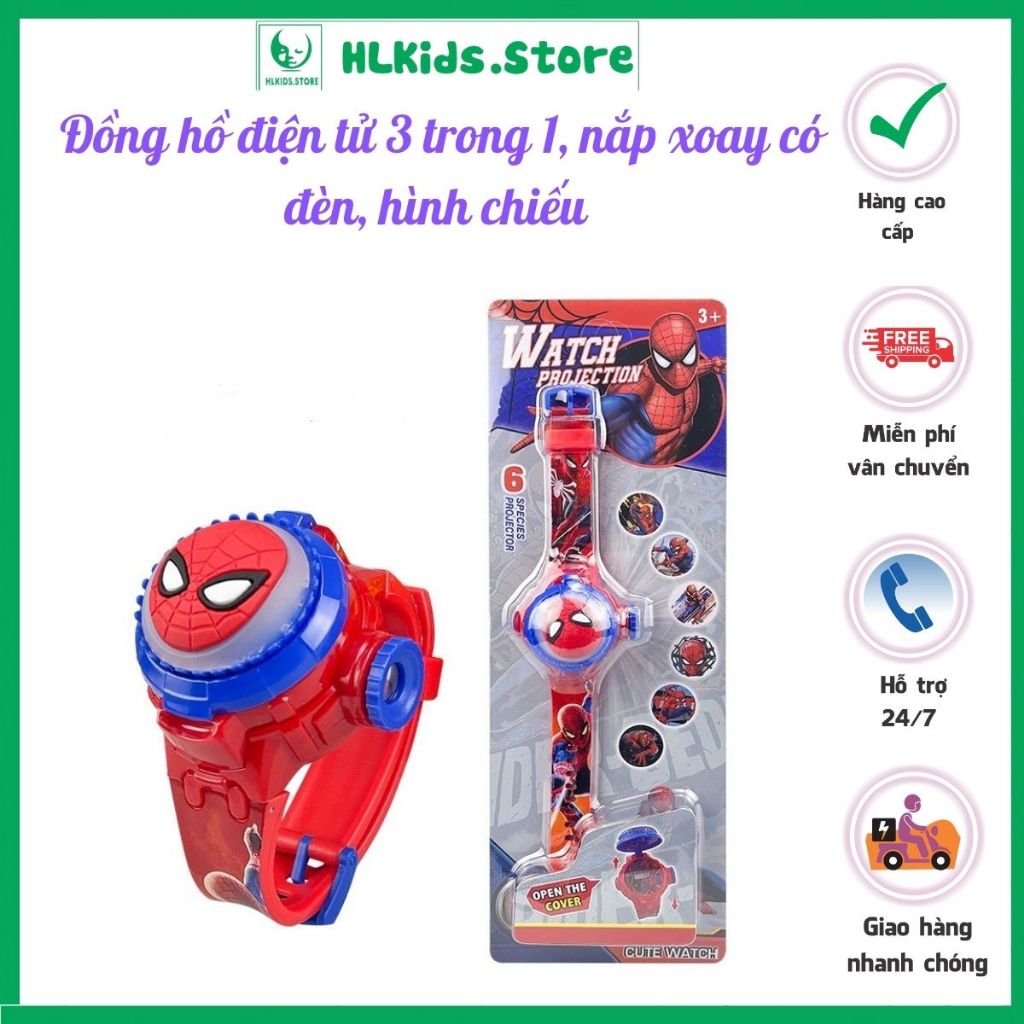 [Nắp xoay+ đèn + chiếu 3D] Đồng hồ siêu nhân nhện, doremon, batman, hellokity, đội trưởng mỹ cho bé trai bé gái