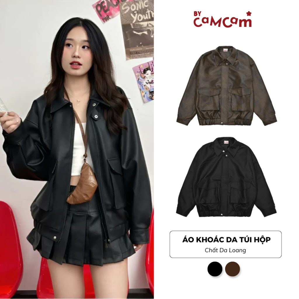 Áo Khoác Da Loang Bycamcam Phối Túi Hộp Cao Cấp Phong Cách Retro Đường Phố AKHD011 