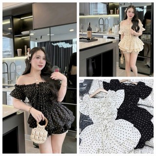  Sét váy bí nữ chất mango in full chấm bi nhún thun cột nơ trễ vai phối chân váy bí bồng ngắn có quần trong_lh clothings 