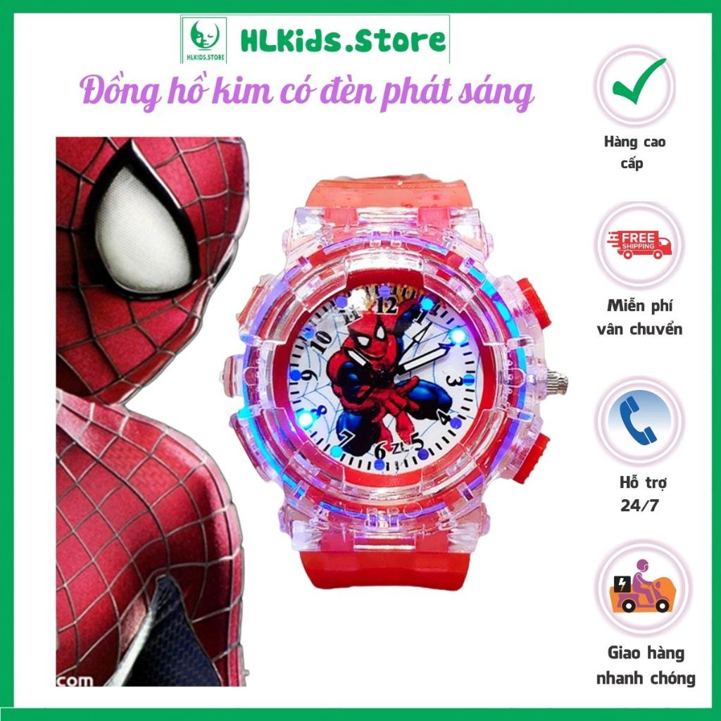 Đồng hồ kim trẻ em hình siêu nhân nhện phát sáng cho bé
