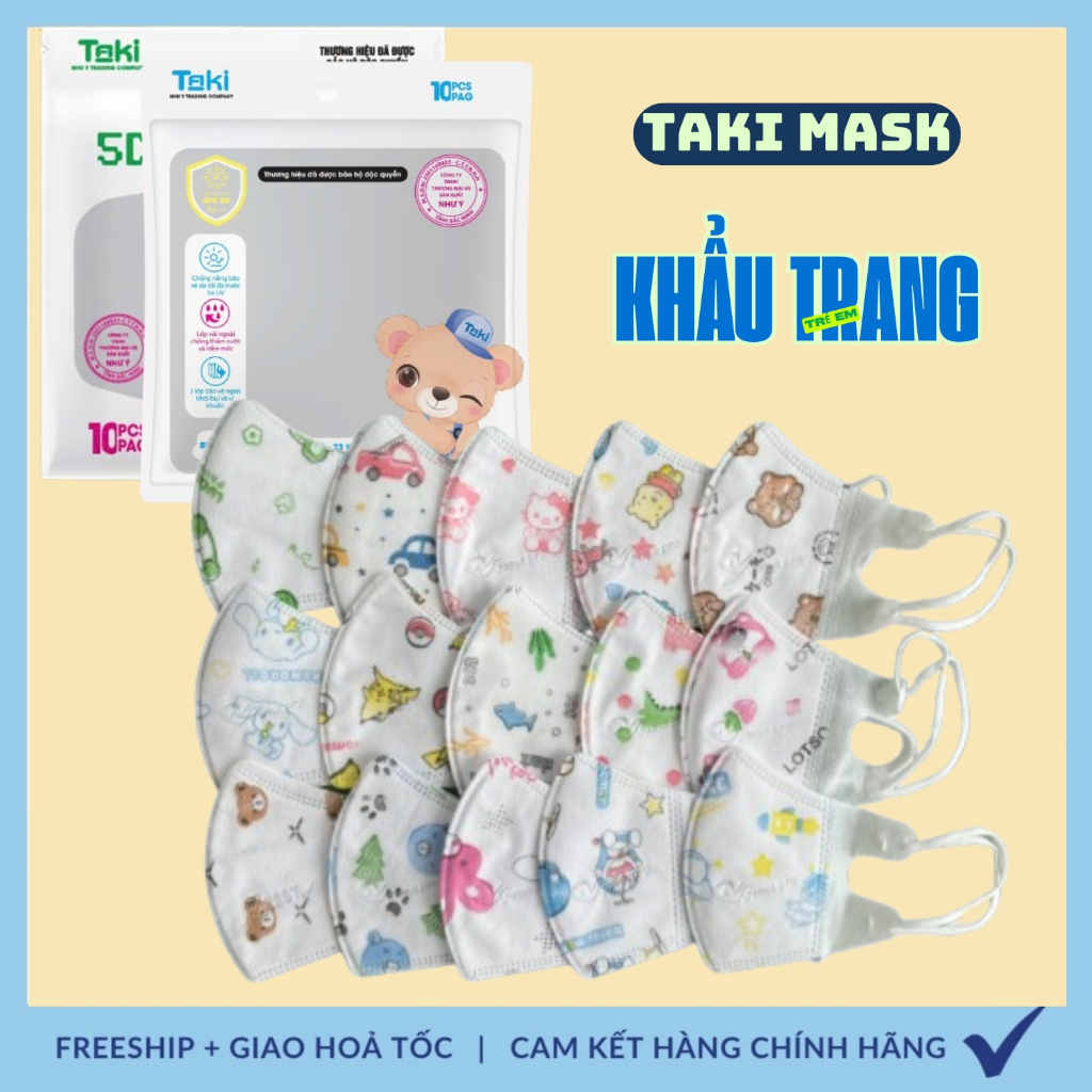 [Thùng 500 cái] Khẩu trang 5d Taki bé Ôm Mặt Thông Thoáng Lọc Bụi Mịn Chống Tia UV