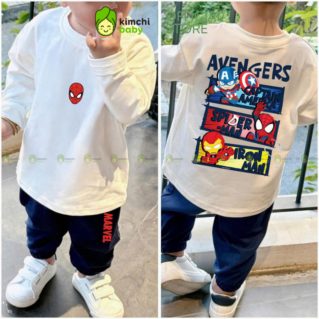 [10-29KG] Đồ Bộ Cho Bé Trai KIMCHIBABY Vải Cotton Cao Cấp 190gsm Hoạ Tiết Siêu Nhân, Bộ Dài Tay Cho 