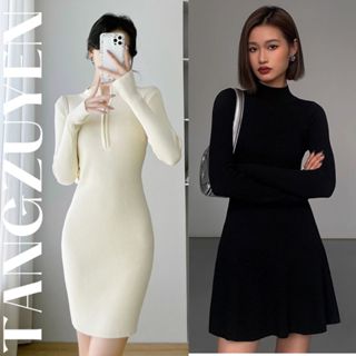  Váy thun ôm body đen ngắn cộc tay cổ cao 3p Đầm nữ tôn dáng cổ lọ tôn dáng basic đi chơi đi cafe T147G 