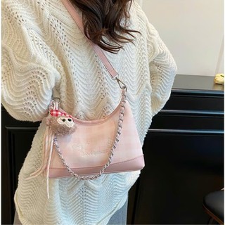  Túi xách nữ baguette caro hàn quốc đeo vai đeo chéo da pu kèm charm gấu dễ thương đi học đi chơi Báo Store - TXN220 