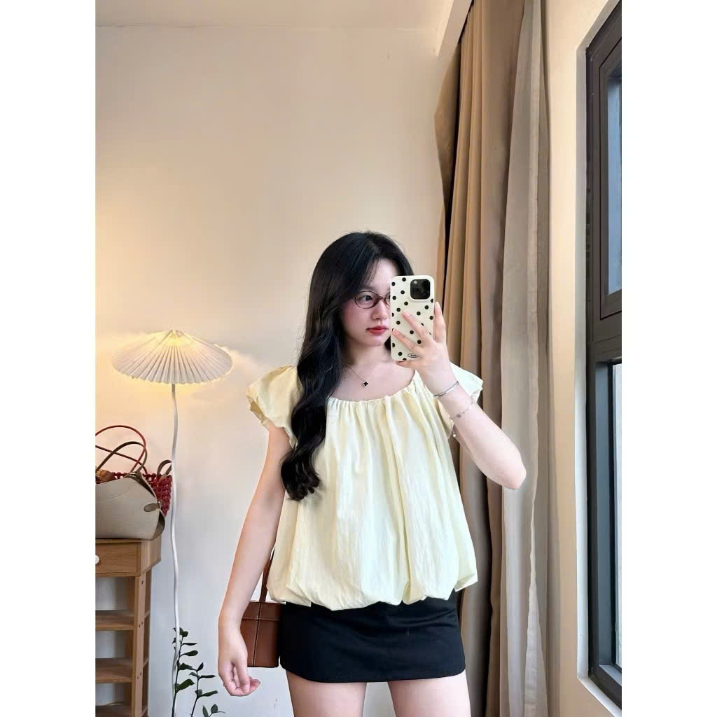 Áo kiểu nữ cổ rộng tay bồng ngắn nàng thơ bánh bèo A70 SUTANO | BigBuy360 - bigbuy360.vn