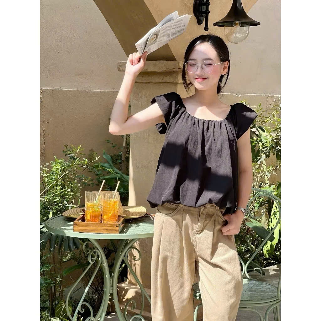 Áo kiểu nữ cổ rộng tay bồng ngắn nàng thơ bánh bèo A70 SUTANO | BigBuy360 - bigbuy360.vn