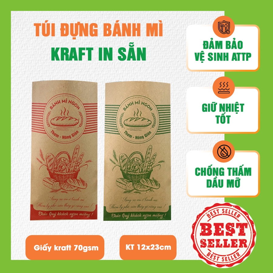 Túi đựng bánh mì pate 12x24cm kraft in sẵn  - Combo 1000c 2 màu ngẫu nhiên xanh/đỏ