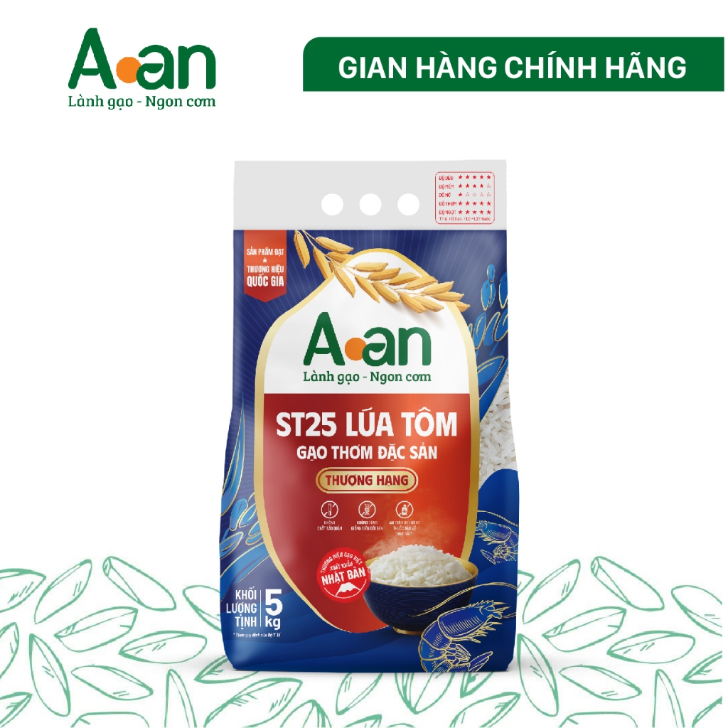 Gạo ST25 Lúa Tôm thượng hạng Aan Túi 5kg - bao bì mới - Chính hãng Gạo sạch Aan
