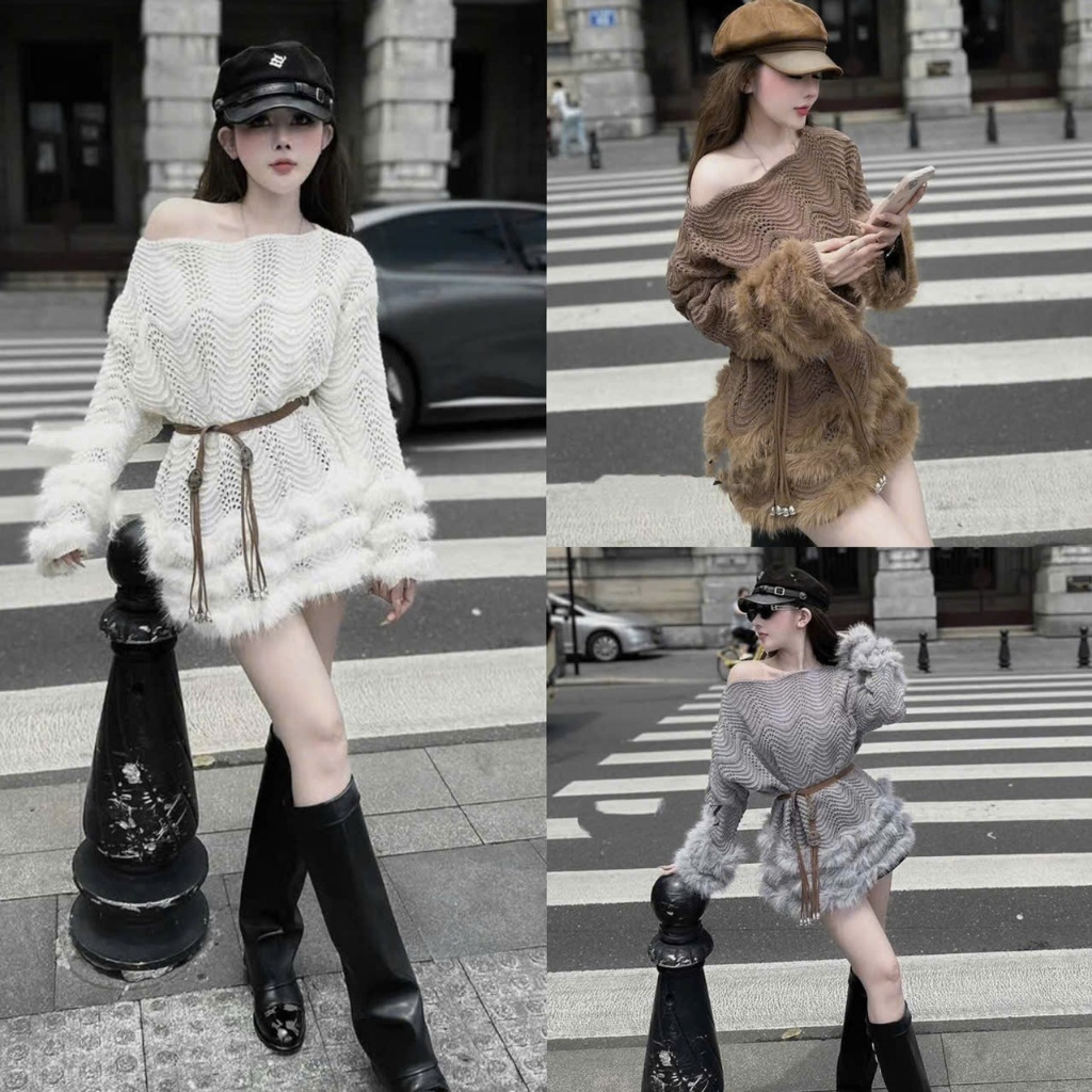 Váy/ Áo Len Dệt Lệch Vai Dáng Suông Dài Tay Phối Lông Kèm Đai Da Xịn Xò 4 Màu Sang Chảnh Mặc Thu Đôn