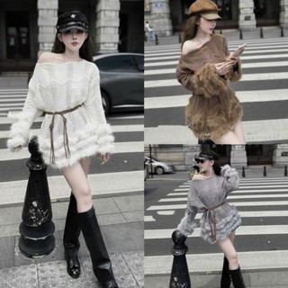Váy/ Áo Len Dệt Lệch Vai Dáng Suông Dài Tay Phối Lông Kèm Đai Da Xịn Xò 4 Màu Sang Chảnh Mặc Thu Đông Siêu Đẹp- Lollaye