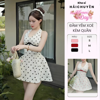 [BST Mới T7] Đầm yếm xoè form ngắn mùa hè phối ren viền nơ KÈM QUẦN có mút Kho Sỉ Hải Chuyền Đ282